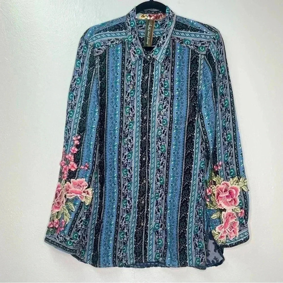 Aratta Silent Journey Floral Embroidered Sheer Back W/Velvet Detail Tunic Top M - Picture 1 of 15